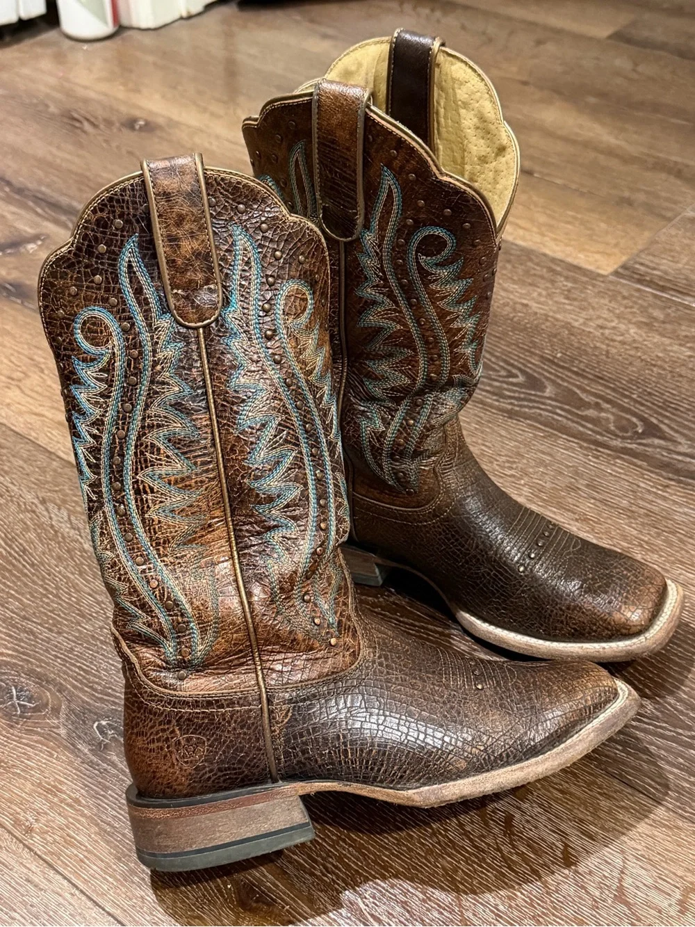 Ariat Brown montage crackle Western Cowboy Boots Turquoise Stitching size 7.5